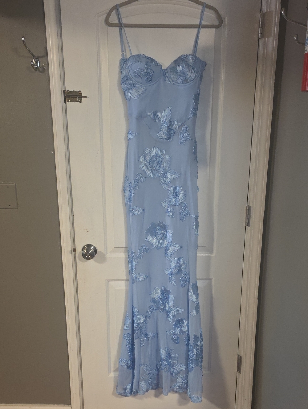 Light Blue Floral Embroidered Spaghetti Strap Gown